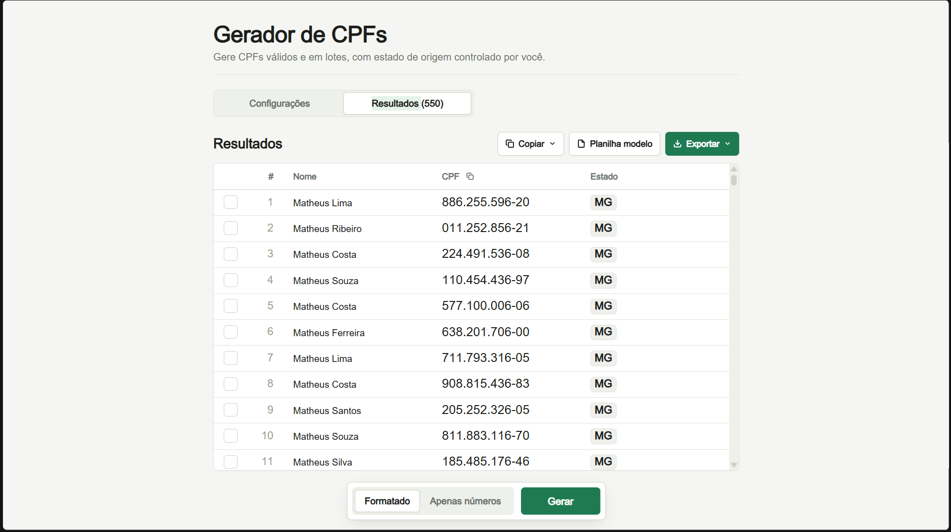 Tabela de resultados com nome, CPF e estado de cada linha