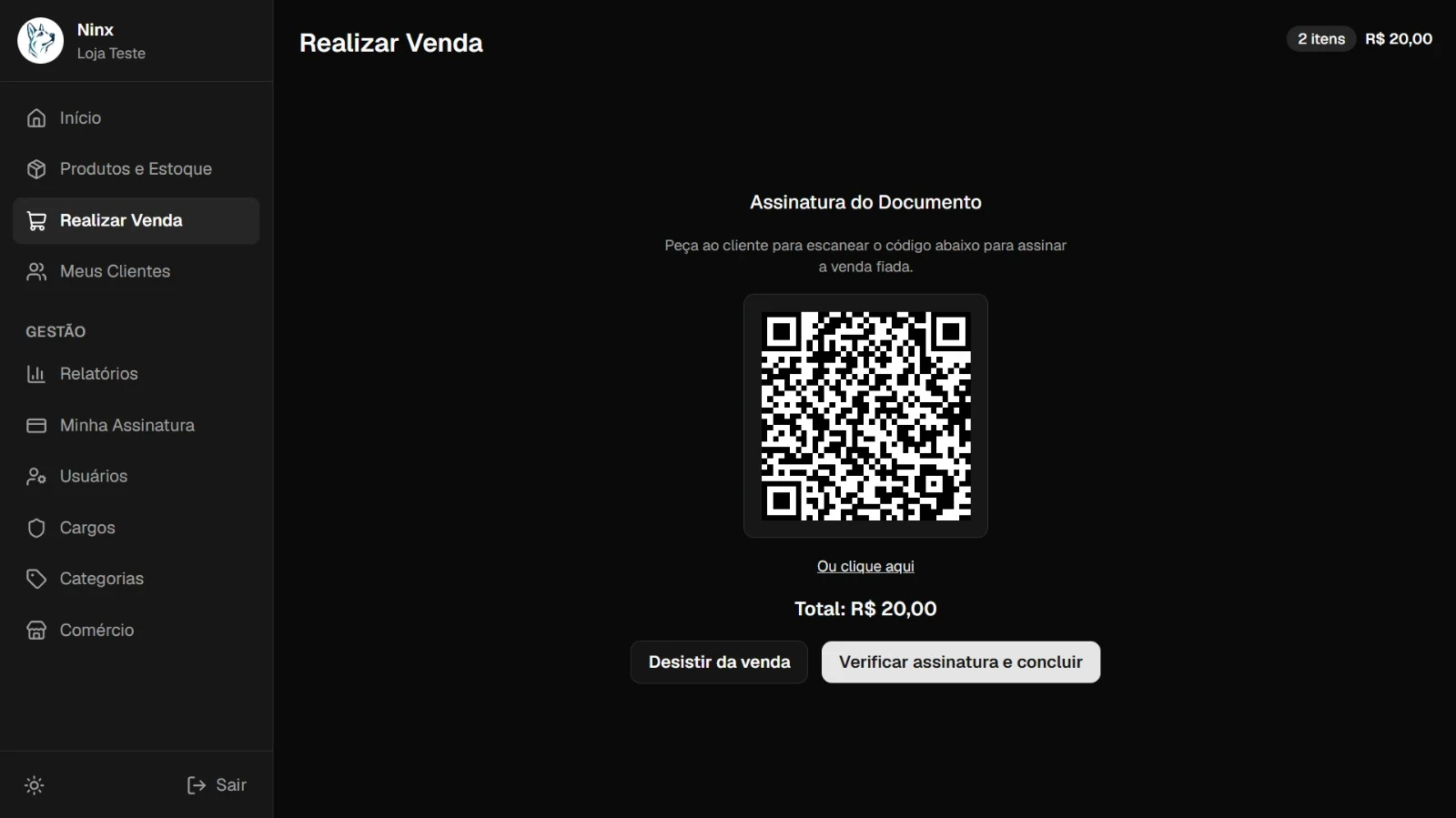Fechamento da venda fiada: um QR Code que o cliente escaneia para assinar o documento da compra
