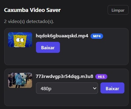 Popup da extensão com dois vídeos detectados na aba: um MP4 direto e um stream HLS, cada um com miniatura, selo de tipo e botão de baixar